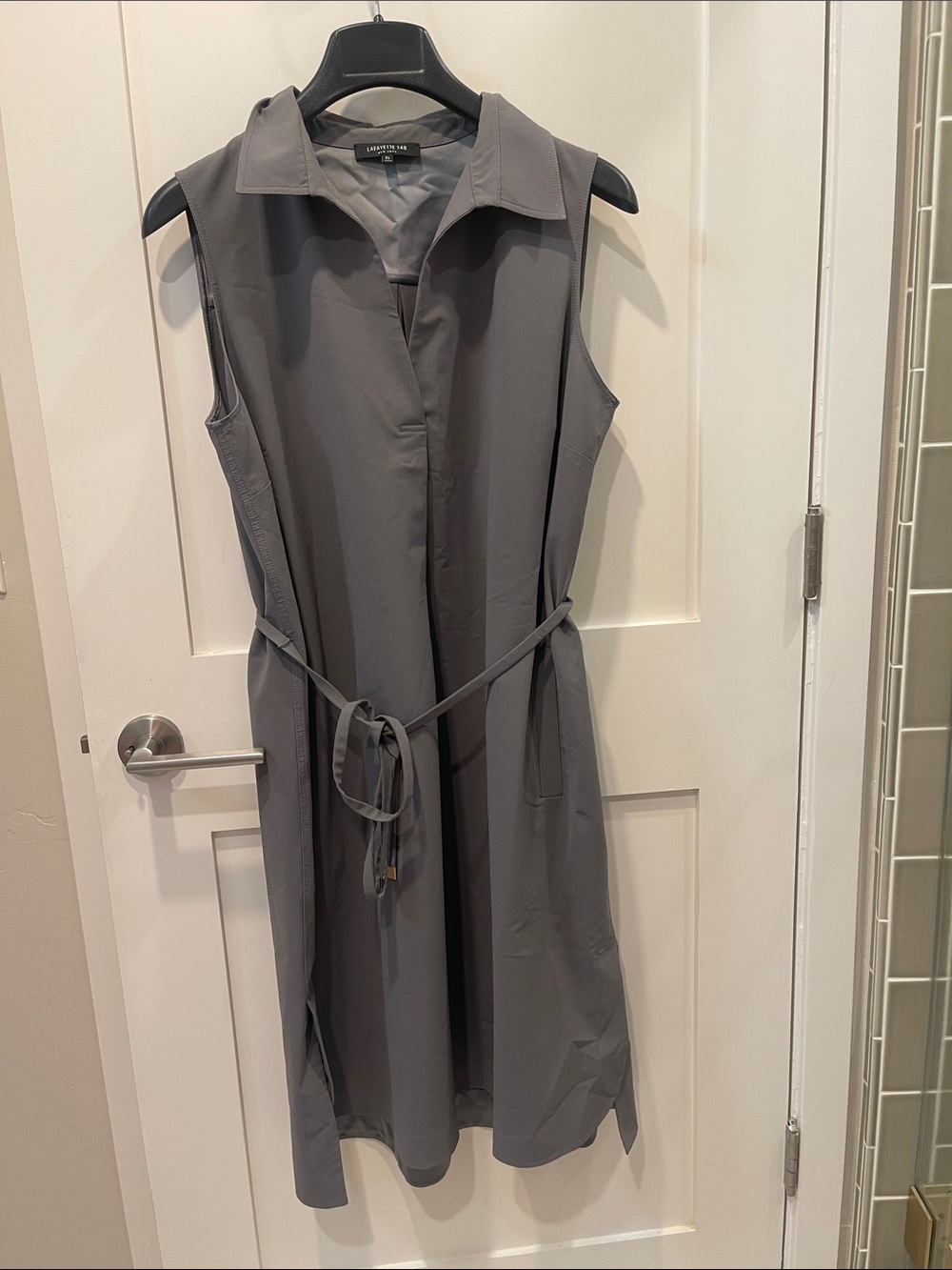 Lafayette 148 New York Sleeveless Charcoal Shirt Dress with Waist Tie sz XL $698